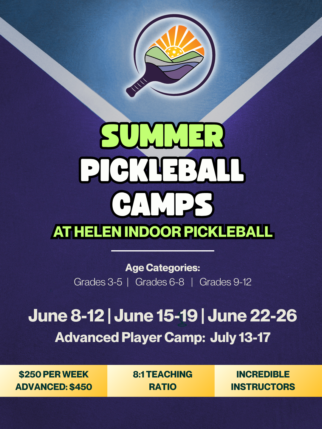 Summer pickleball camp phone graphic